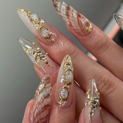 Beach Vacation Press On Nails – Luxury Gold Pearl Seashell Stiletto Fake Nails