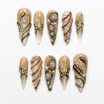 Beach Vacation Press On Nails – Luxury Gold Pearl Seashell Stiletto Fake Nails