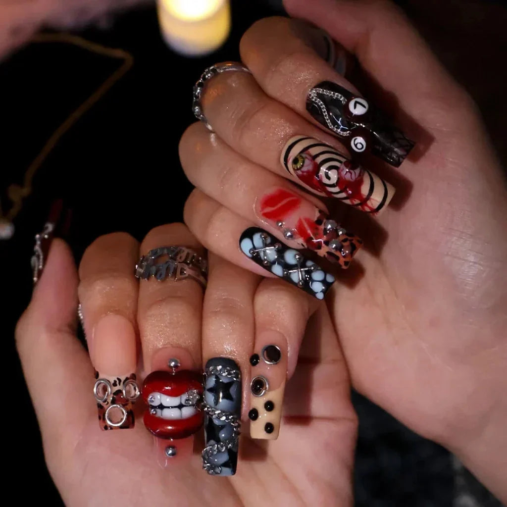 Black Diamond Red Chrome Press On Nails