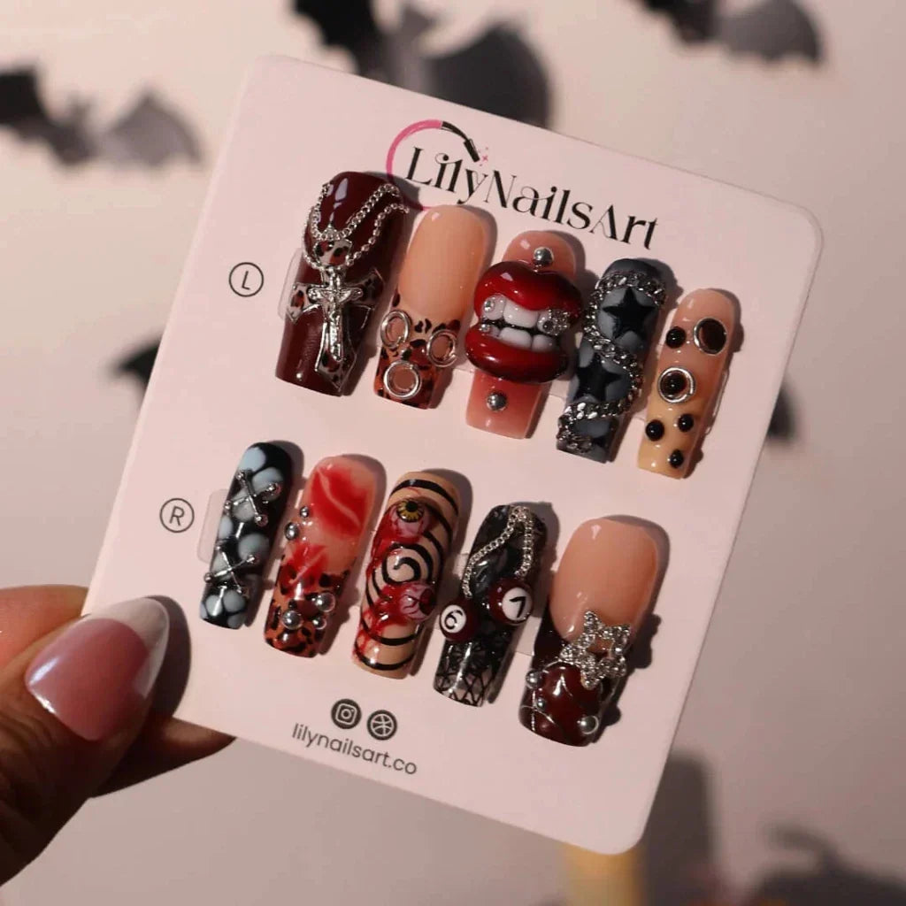 Black Diamond Red Chrome Press On Nails