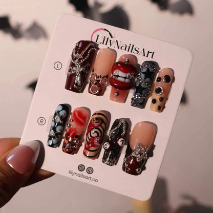 Black Diamond Red Chrome Press On Nails