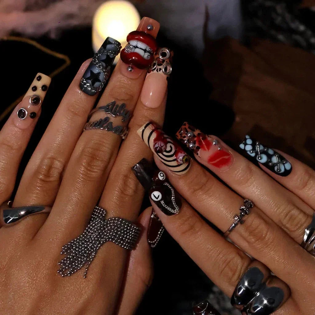 Black Diamond Red Chrome Press On Nails