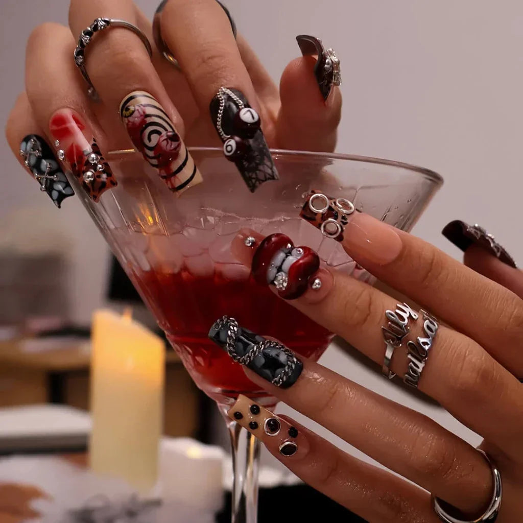 Black Diamond Red Chrome Press On Nails