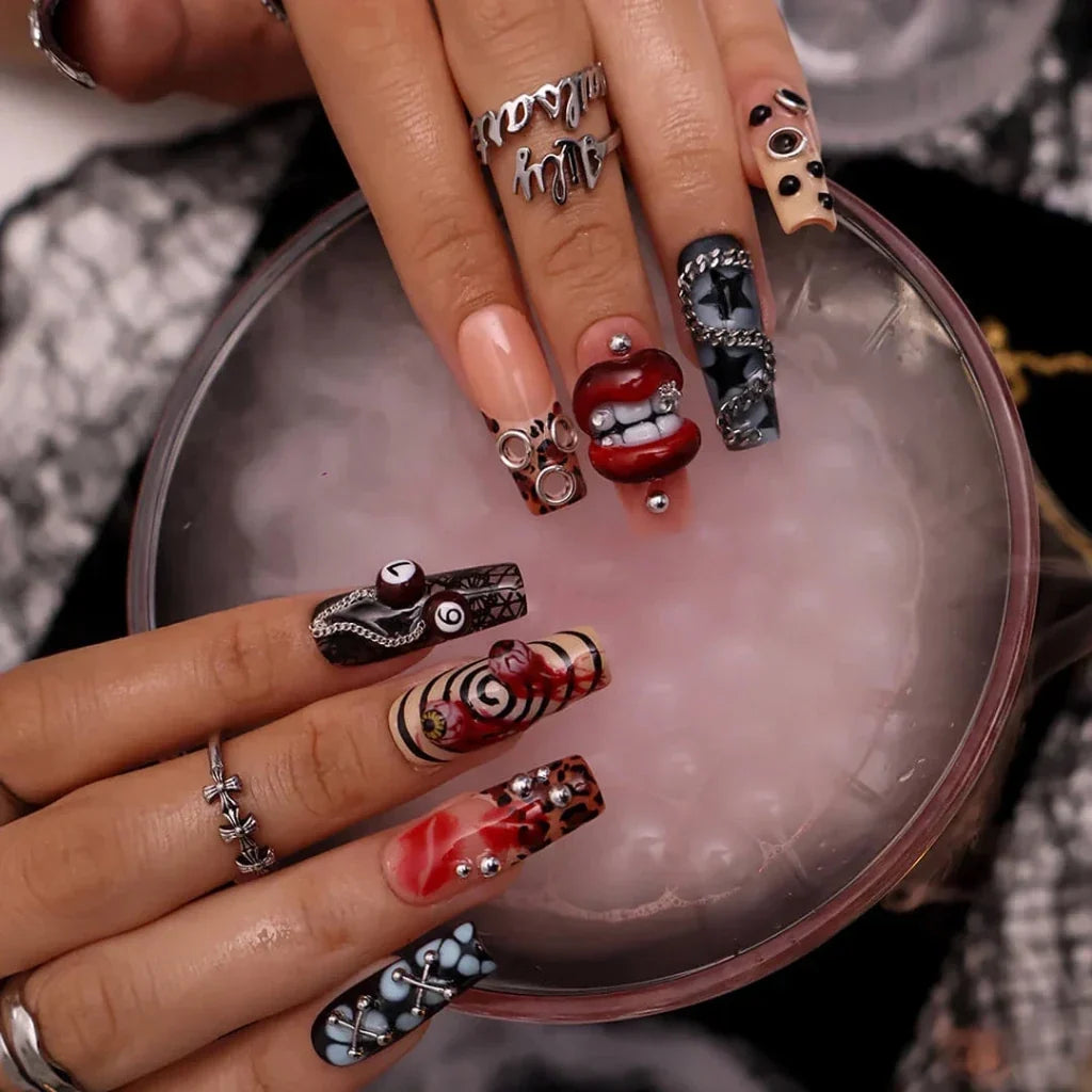 Black Diamond Red Chrome Press On Nails