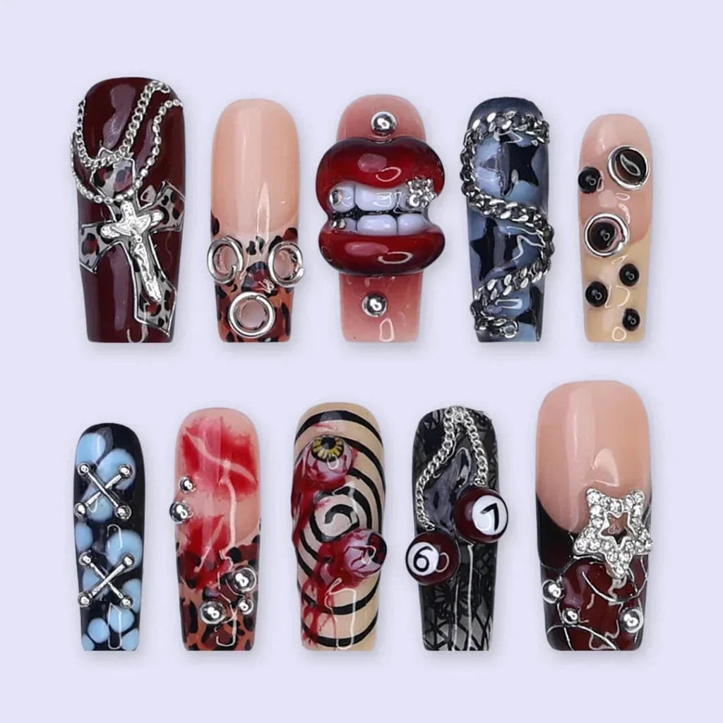 Black Diamond Red Chrome Press On Nails
