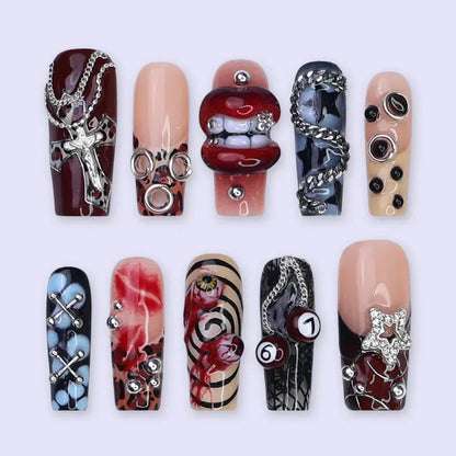 Black Diamond Red Chrome Press On Nails