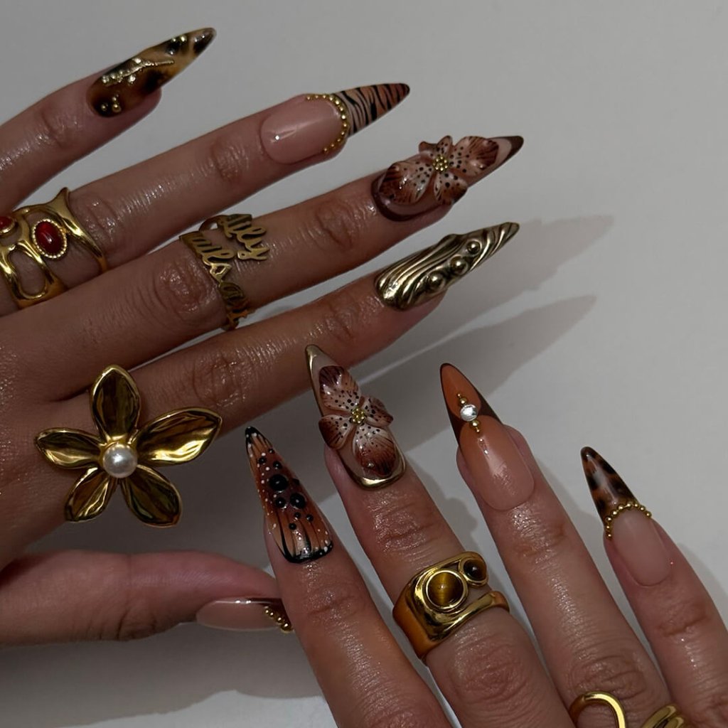 Bronze Bloom Brown Floral Press On Nails