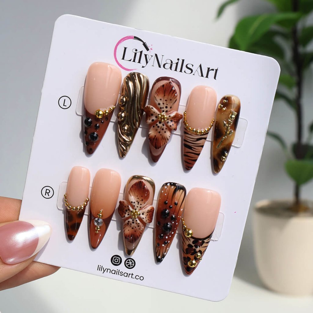 Bronze Bloom Brown Floral Press On Nails