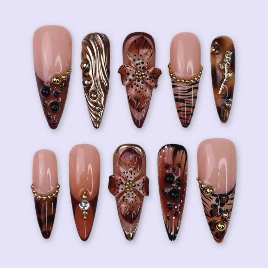 Bronze Bloom Brown Floral Press On Nails