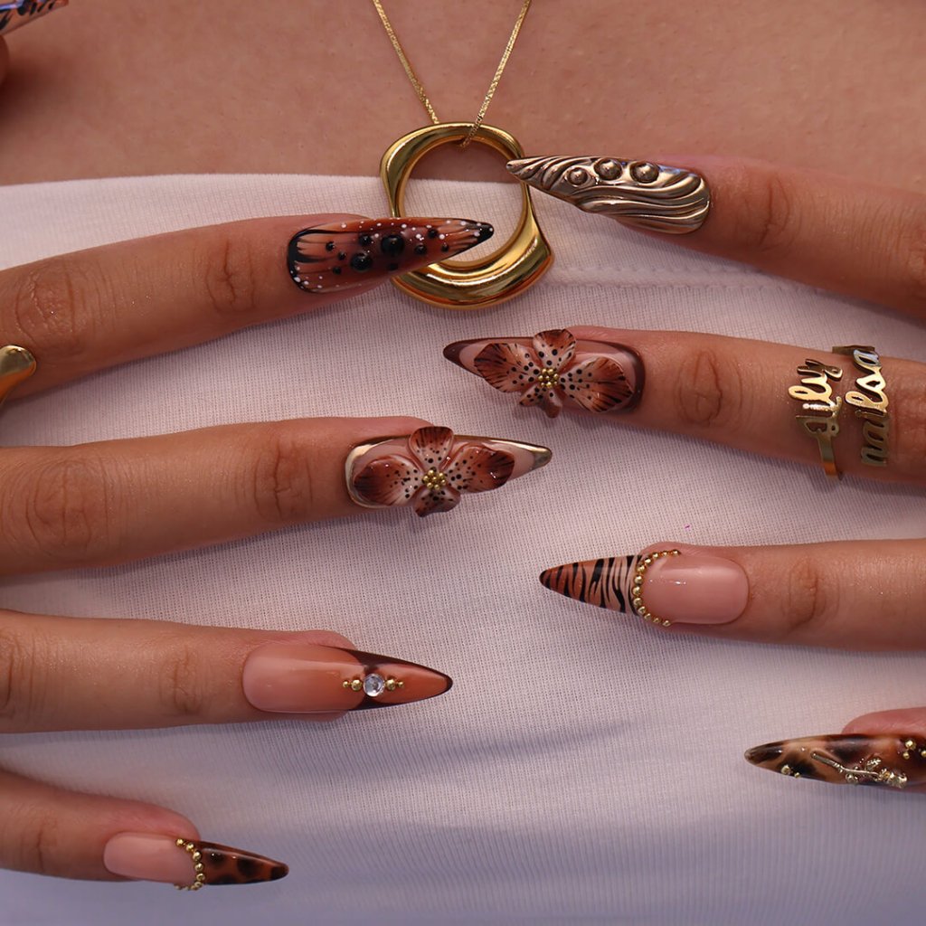 Bronze Bloom Brown Floral Press On Nails
