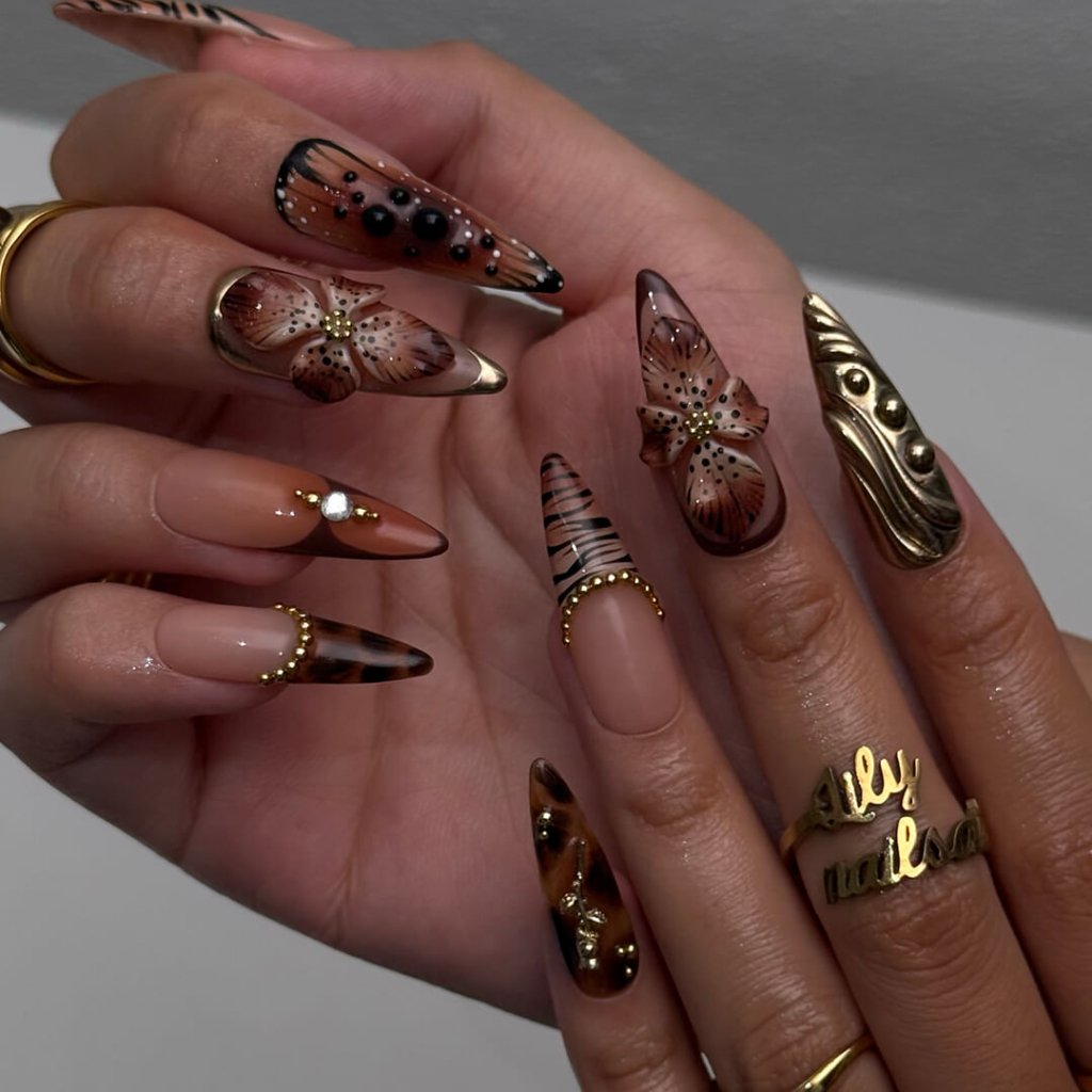 Bronze Bloom Brown Floral Press On Nails