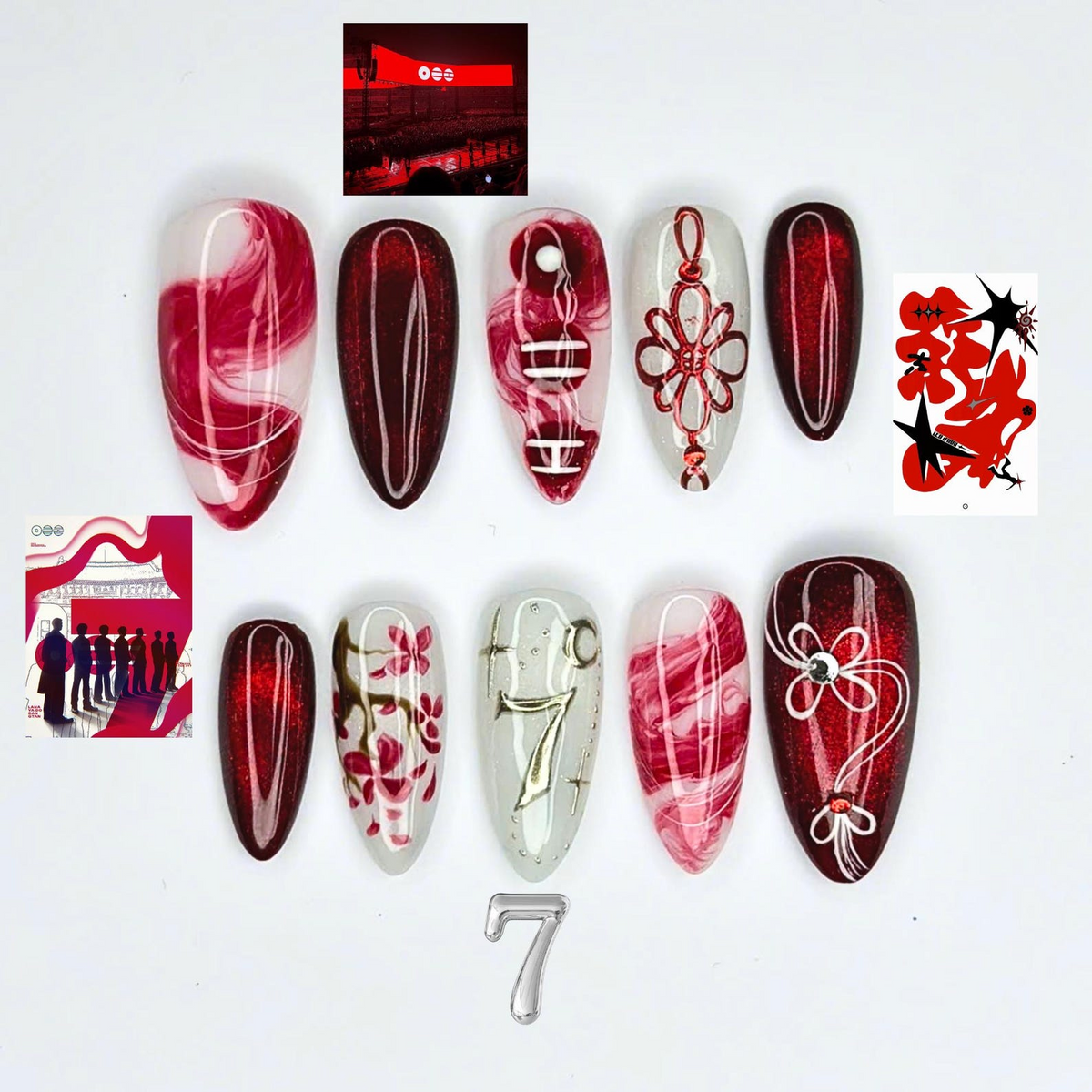 Kpop Concert Press On Nails, Concertcore Nails, Burgundy Chrome Nails, Idol Inspired Press