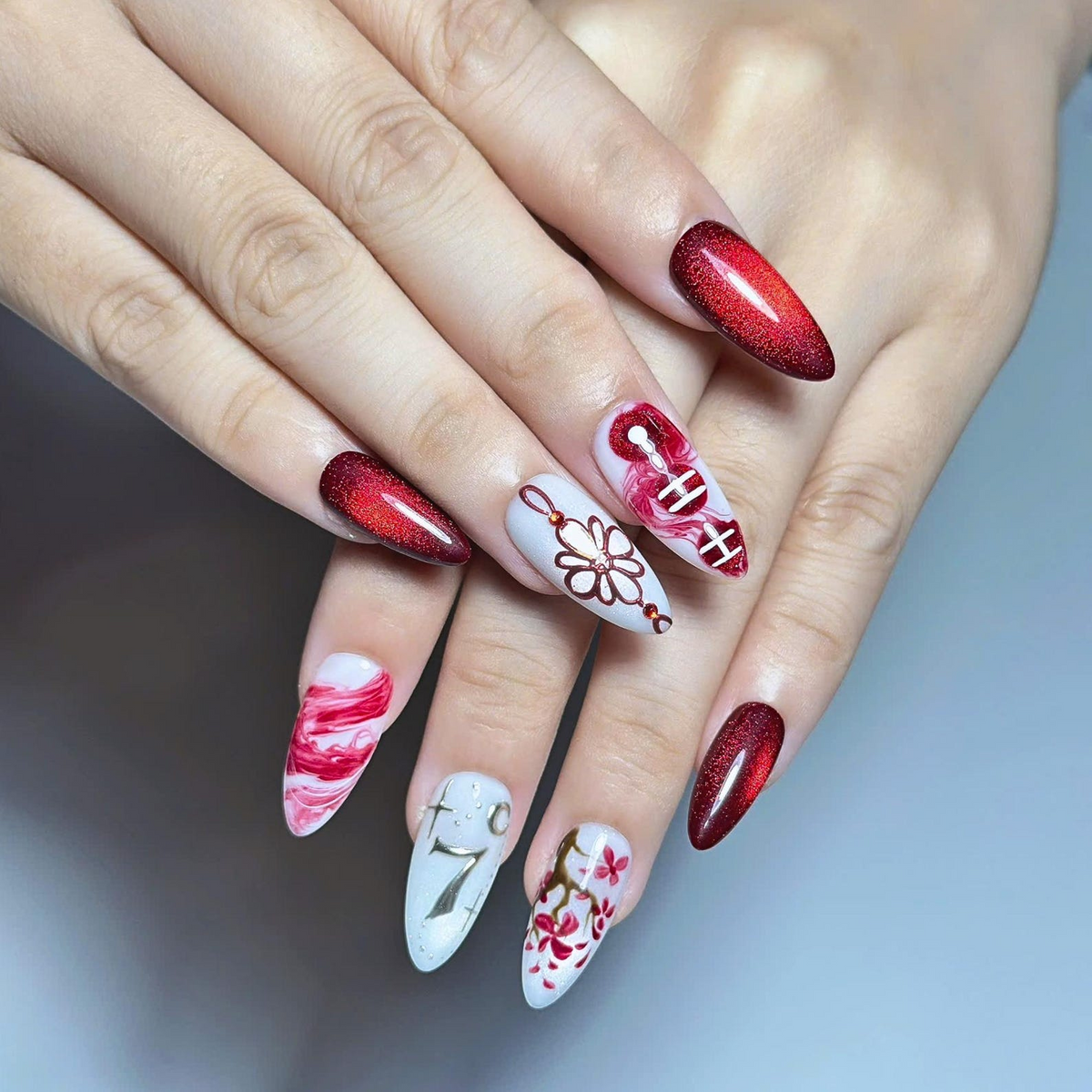Kpop Concert Press On Nails, Concertcore Nails, Burgundy Chrome Nails, Idol Inspired Press