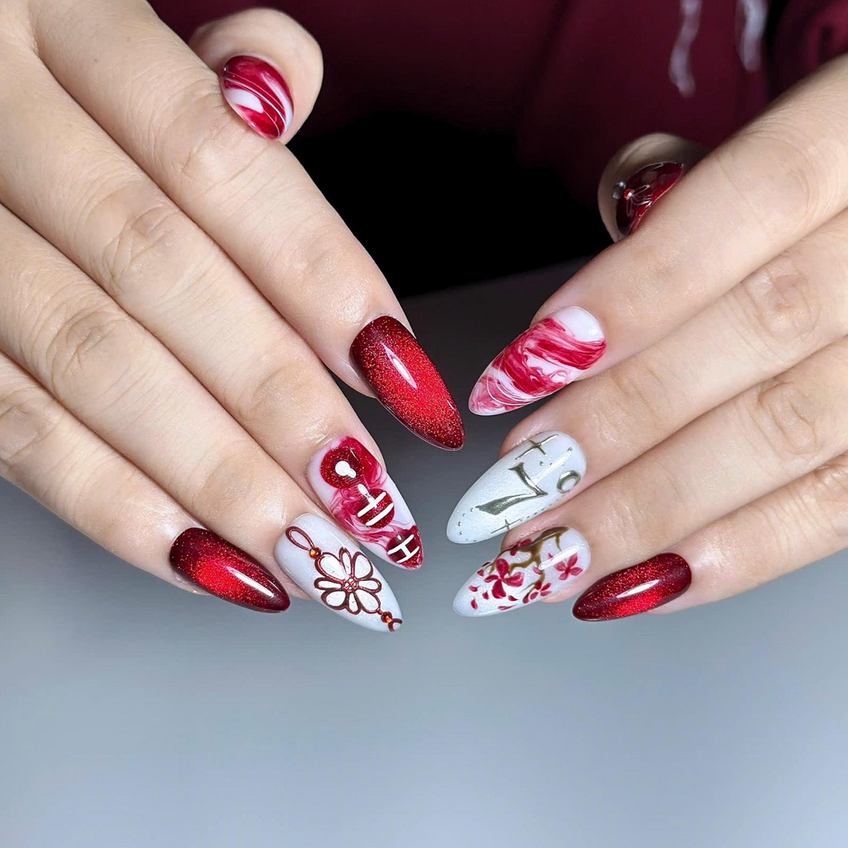 Kpop Concert Press On Nails, Concertcore Nails, Burgundy Chrome Nails, Idol Inspired Press