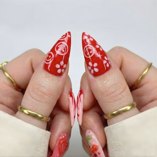 Press On Nails Adhesive Tabs with Red Cherry & Heart Swirl Art Design, Handmade Long