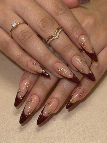 Nail Tabs for Press On Nails – Burgundy Star French Press On Nails for Luxury Women