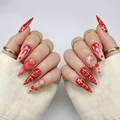 Press On Nails Adhesive Tabs with Red Cherry & Heart Swirl Art Design, Handmade Long