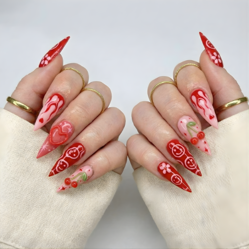 Press On Nails Adhesive Tabs with Red Cherry & Heart Swirl Art Design, Handmade Long