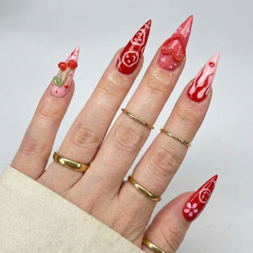 Press On Nails Adhesive Tabs with Red Cherry & Heart Swirl Art Design, Handmade Long
