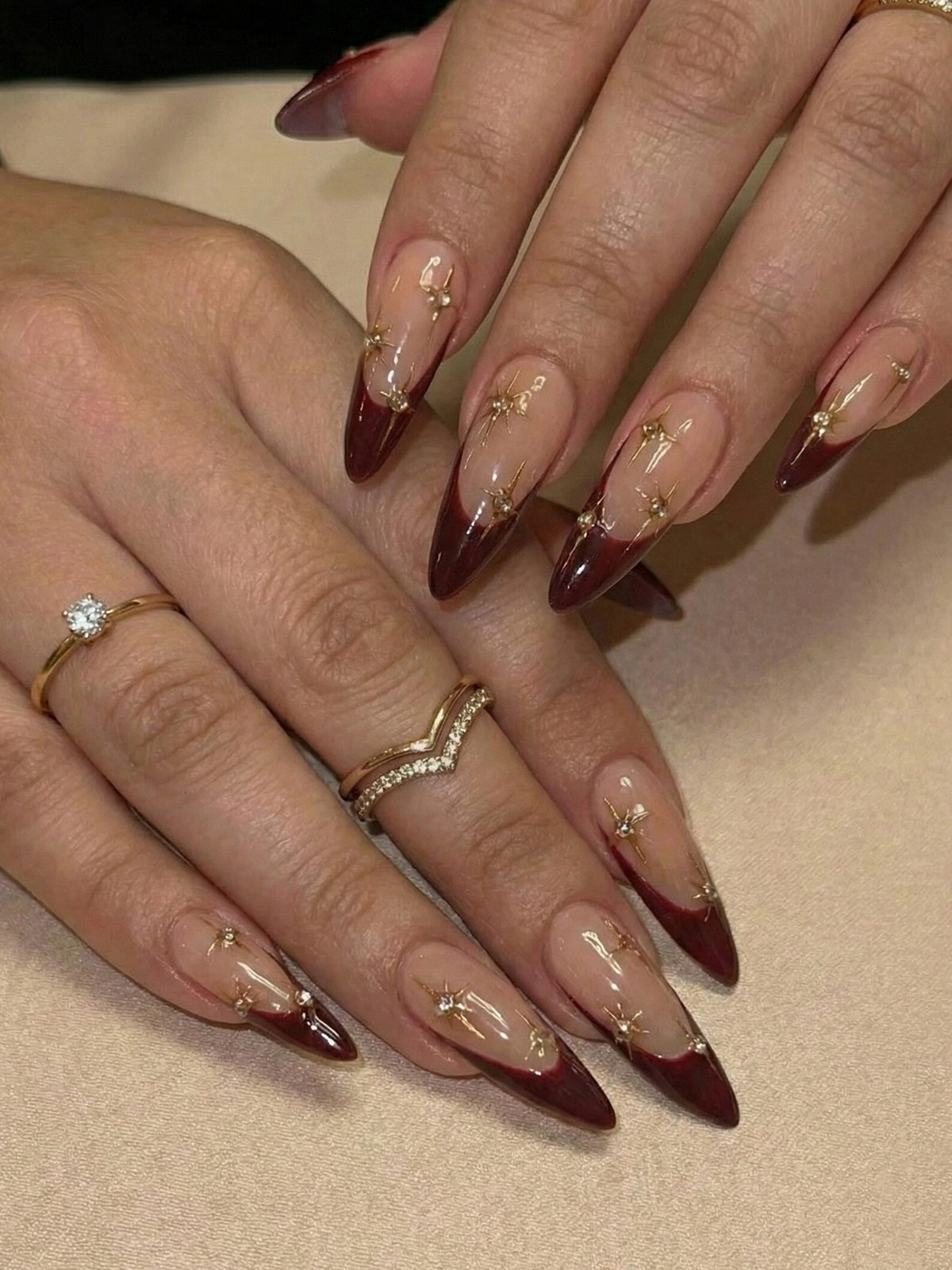 Nail Tabs for Press On Nails – Burgundy Star French Press On Nails for Luxury Women