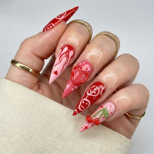 Press On Nails Adhesive Tabs with Red Cherry & Heart Swirl Art Design, Handmade Long