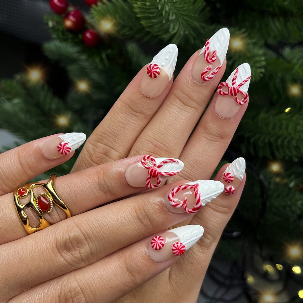 Candy Cane White Red Handmade Press On Nails
