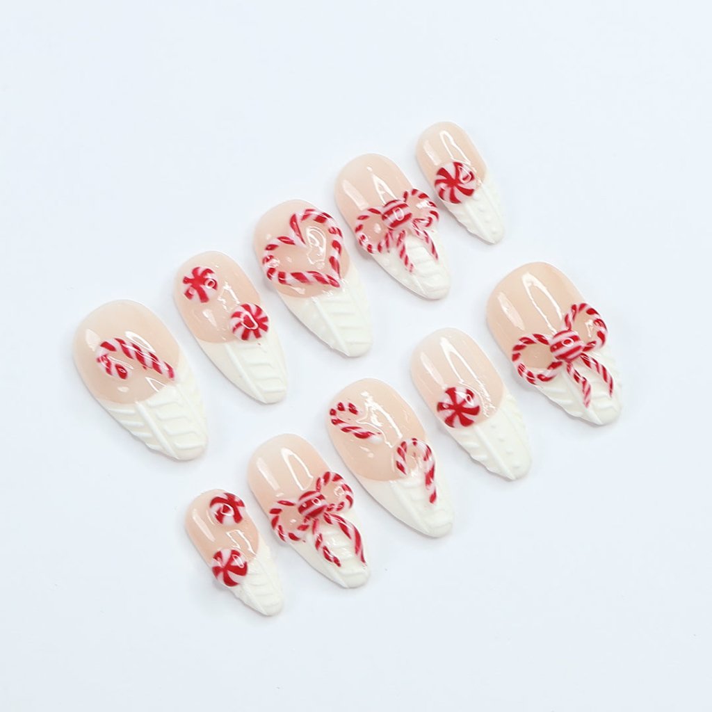 Candy Cane White Red Handmade Press On Nails