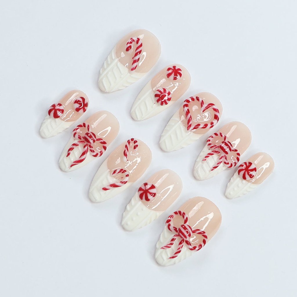 Candy Cane White Red Handmade Press On Nails