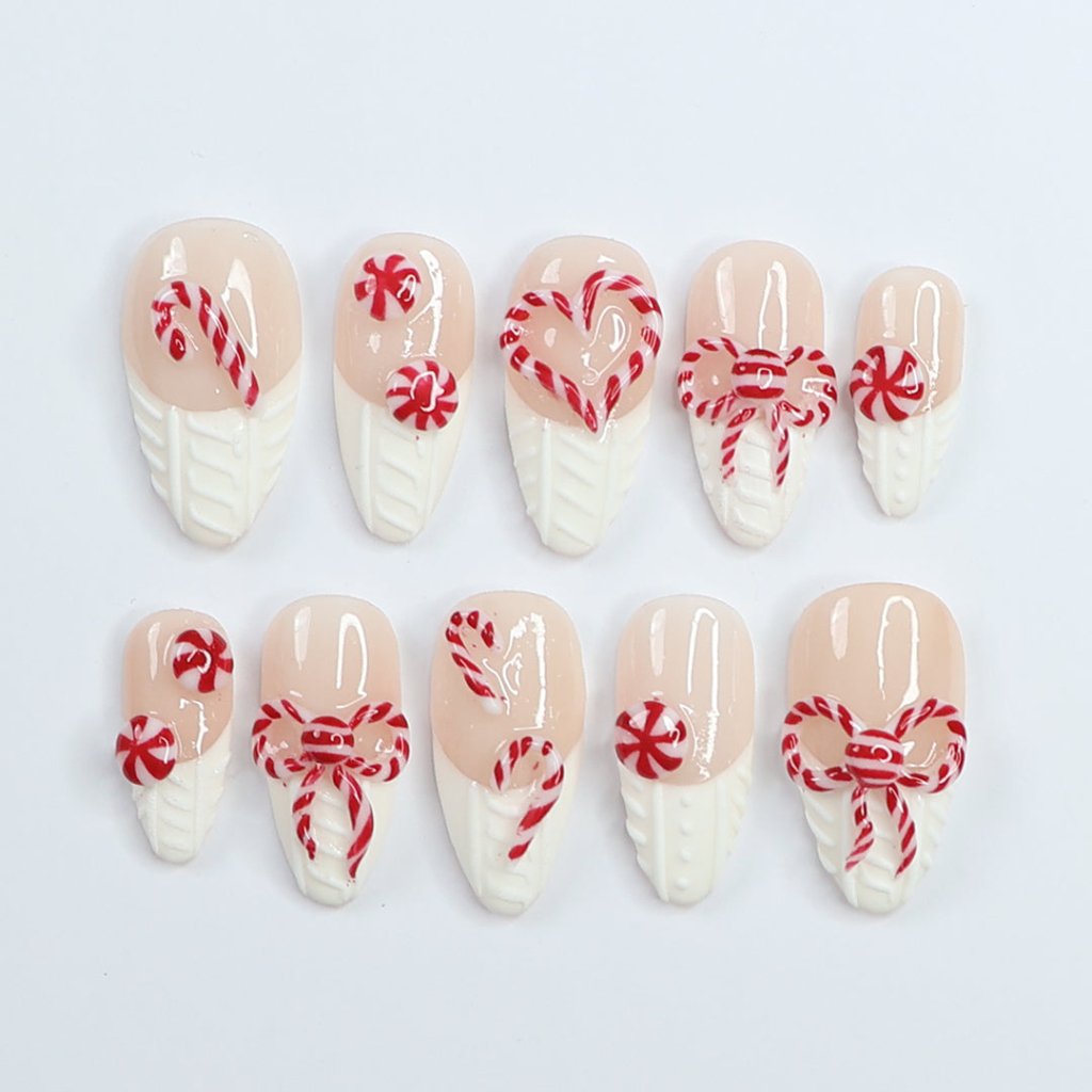 Candy Cane White Red Handmade Press On Nails