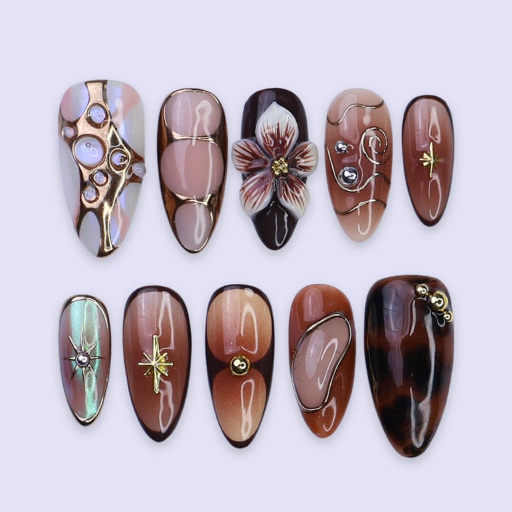Celestial Bloom Brown Floral Press On Nails