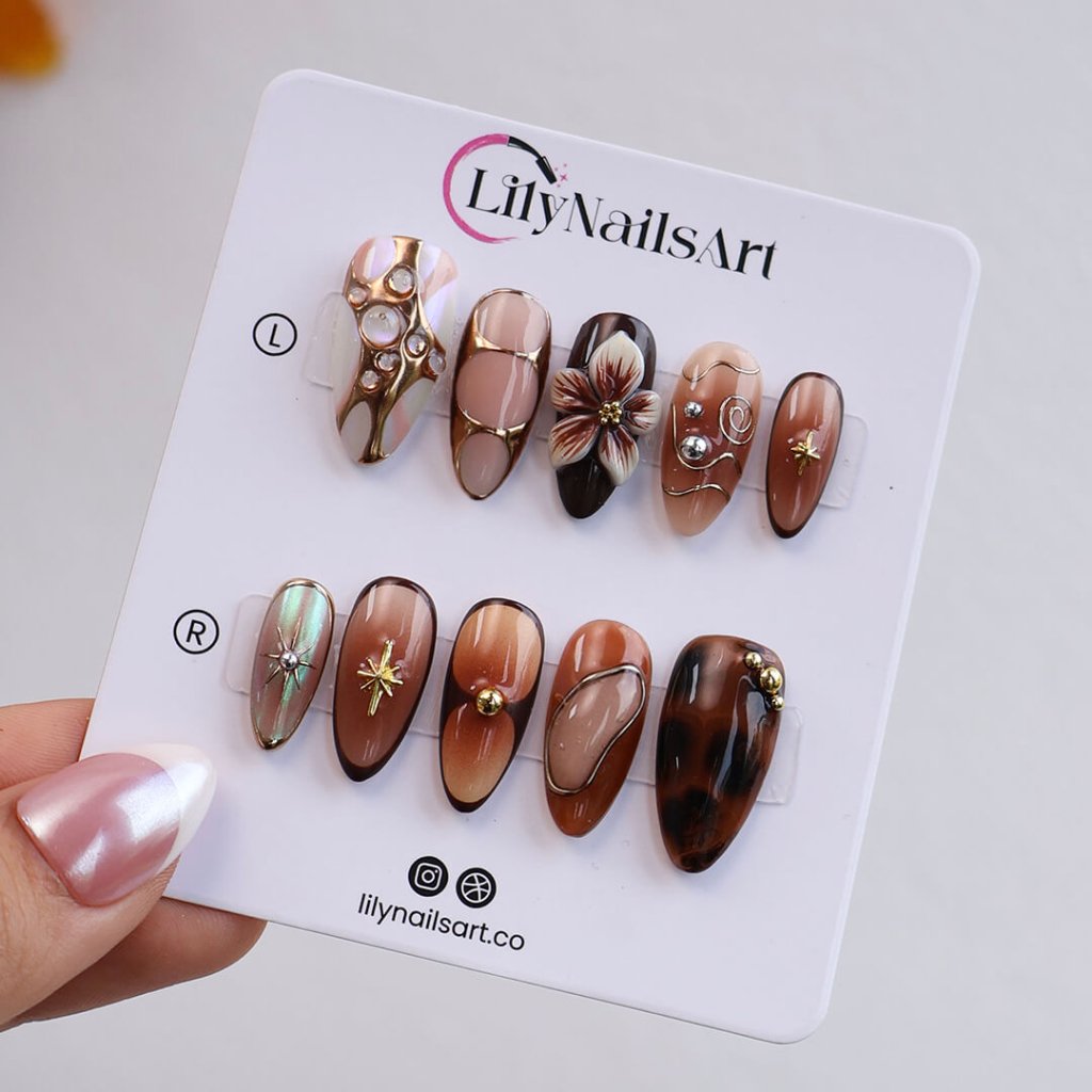 Celestial Bloom Brown Floral Press On Nails