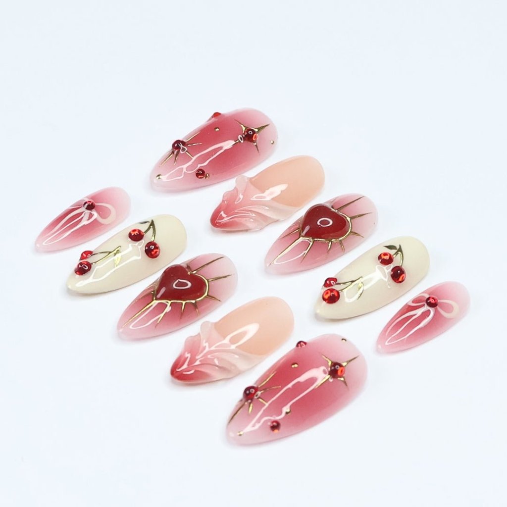 Cherry Heart Red Handmade Press On Nails