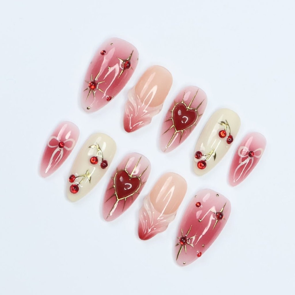 Cherry Heart Red Handmade Press On Nails