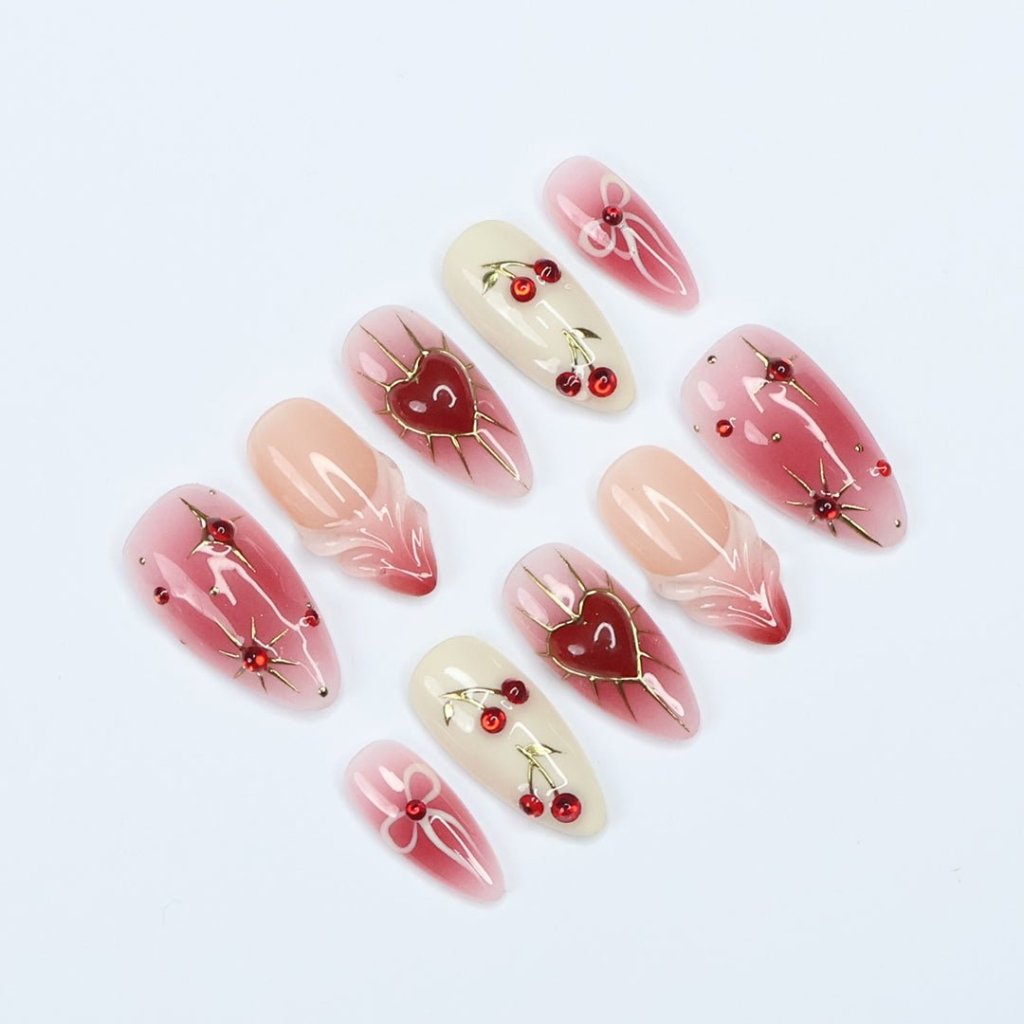 Cherry Heart Red Handmade Press On Nails