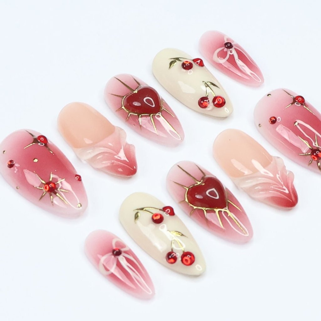 Cherry Heart Red Handmade Press On Nails