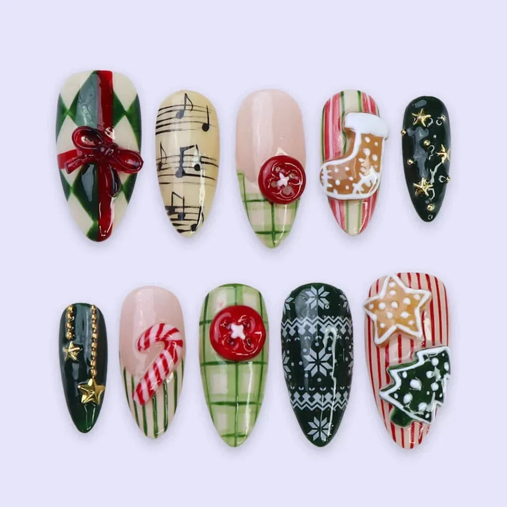 Christmas Melody Green Handmade Press On Nails
