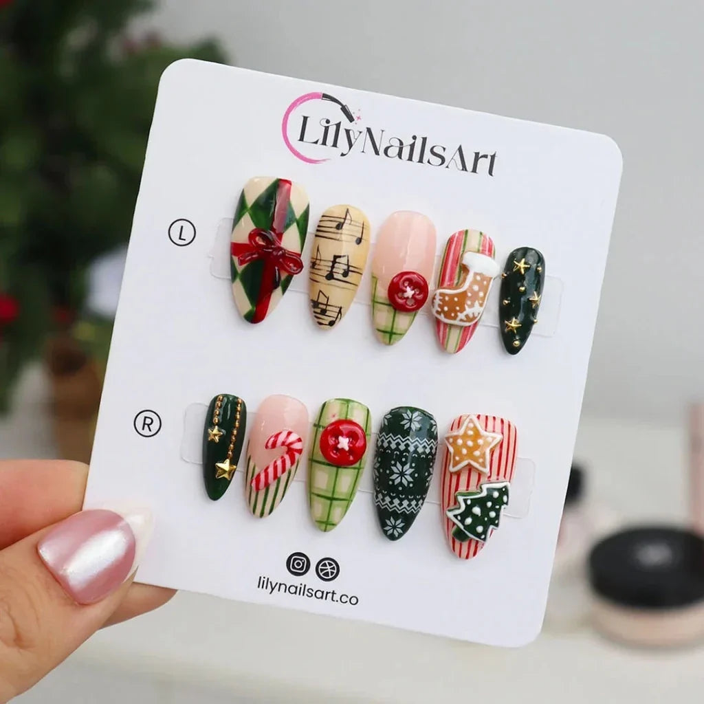 Christmas Melody Green Handmade Press On Nails