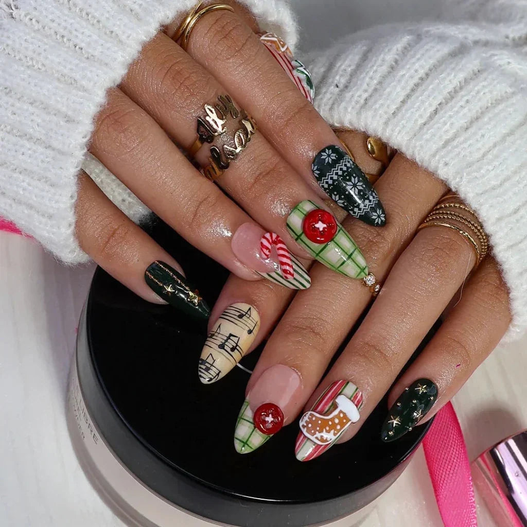 Christmas Melody Green Handmade Press On Nails