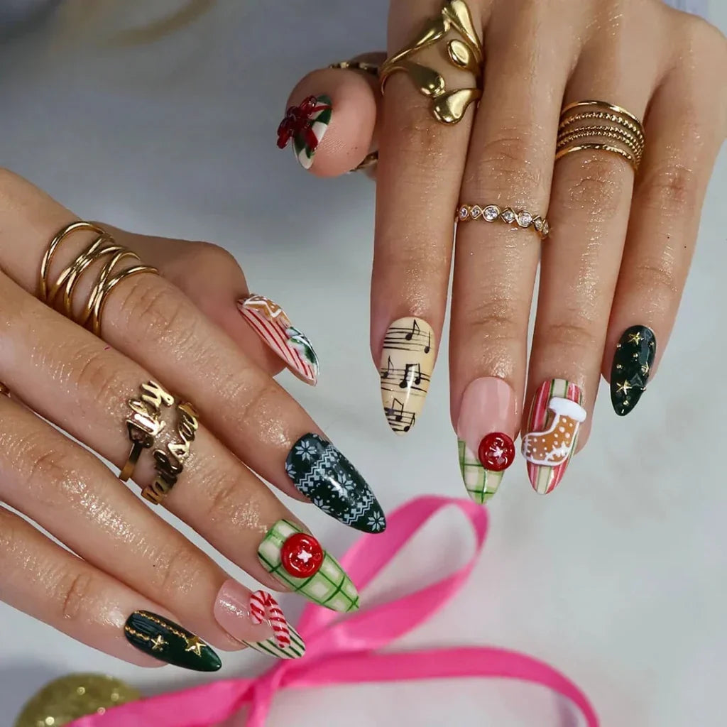 Christmas Melody Green Handmade Press On Nails
