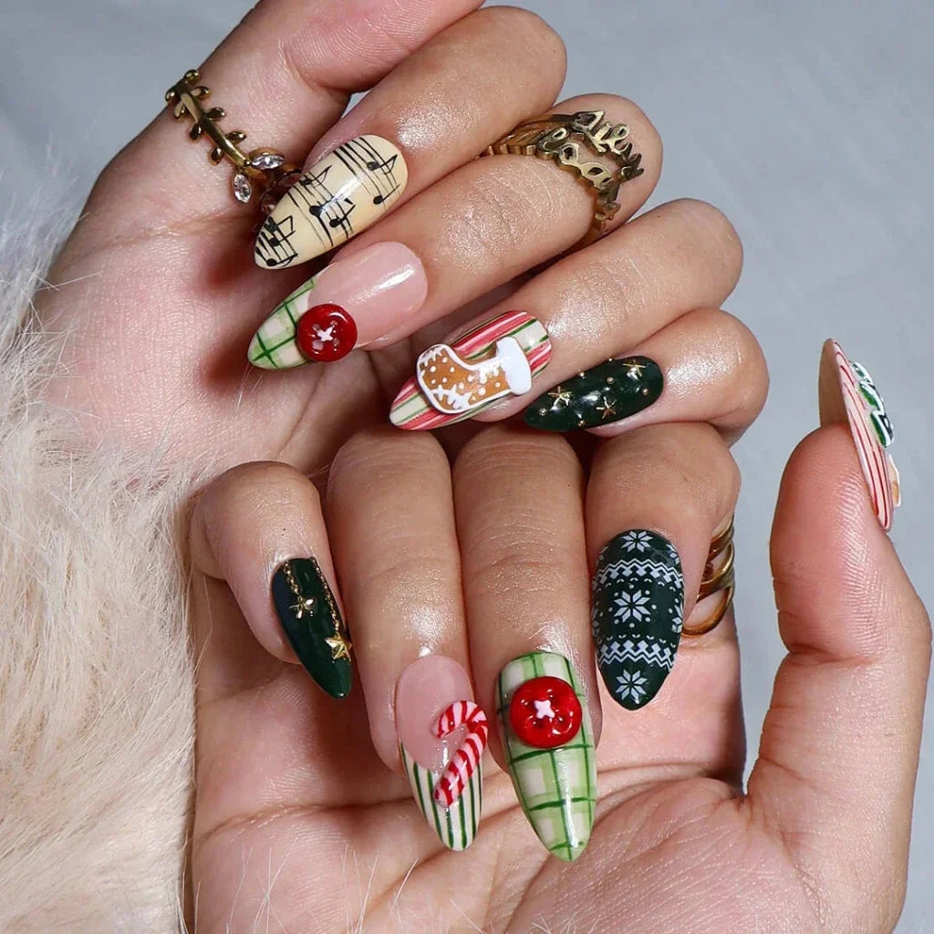 Christmas Melody Green Handmade Press On Nails