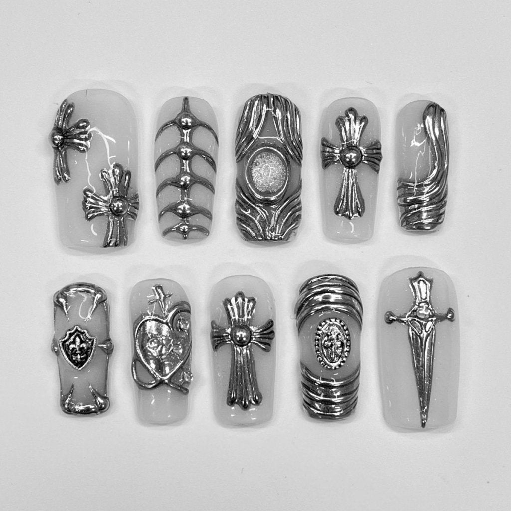 Chrome Armor White Silver Fantasy Detail Press On Nails