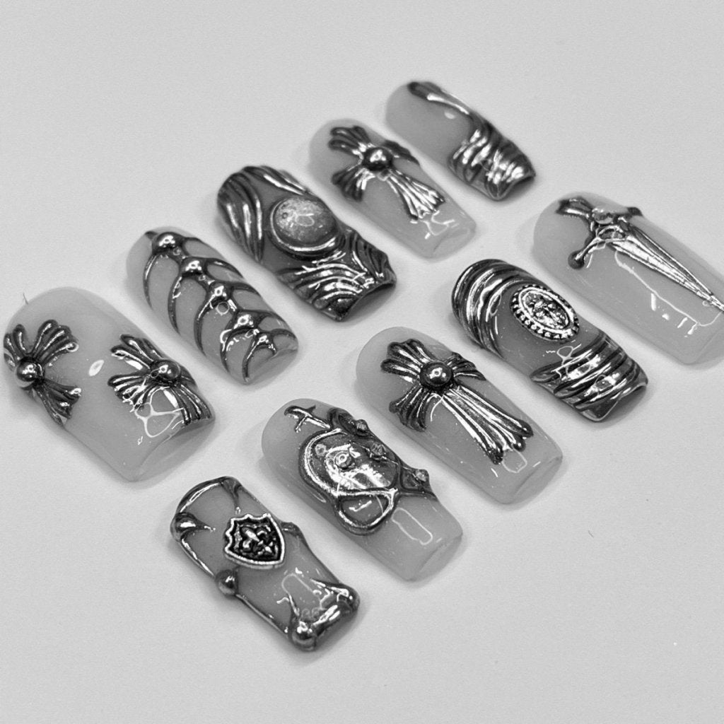 Chrome Armor White Silver Fantasy Detail Press On Nails