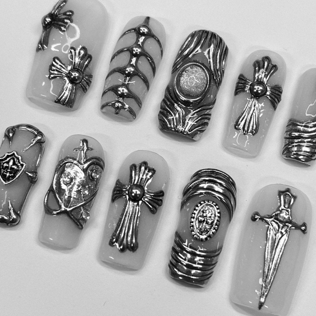 Chrome Armor White Silver Fantasy Detail Press On Nails