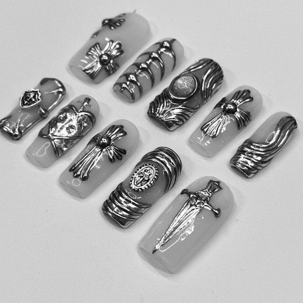 Chrome Armor White Silver Fantasy Detail Press On Nails