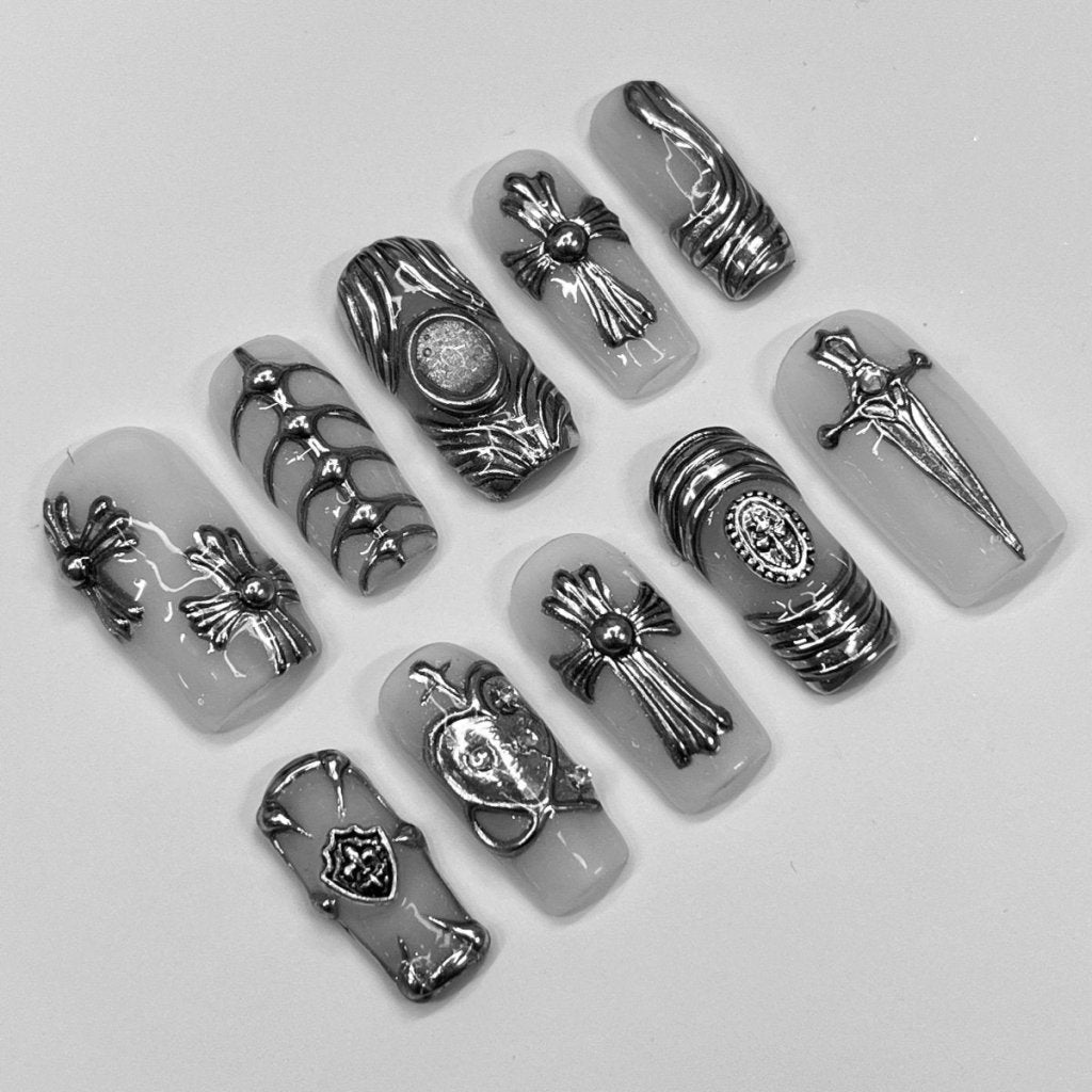 Chrome Armor White Silver Fantasy Detail Press On Nails