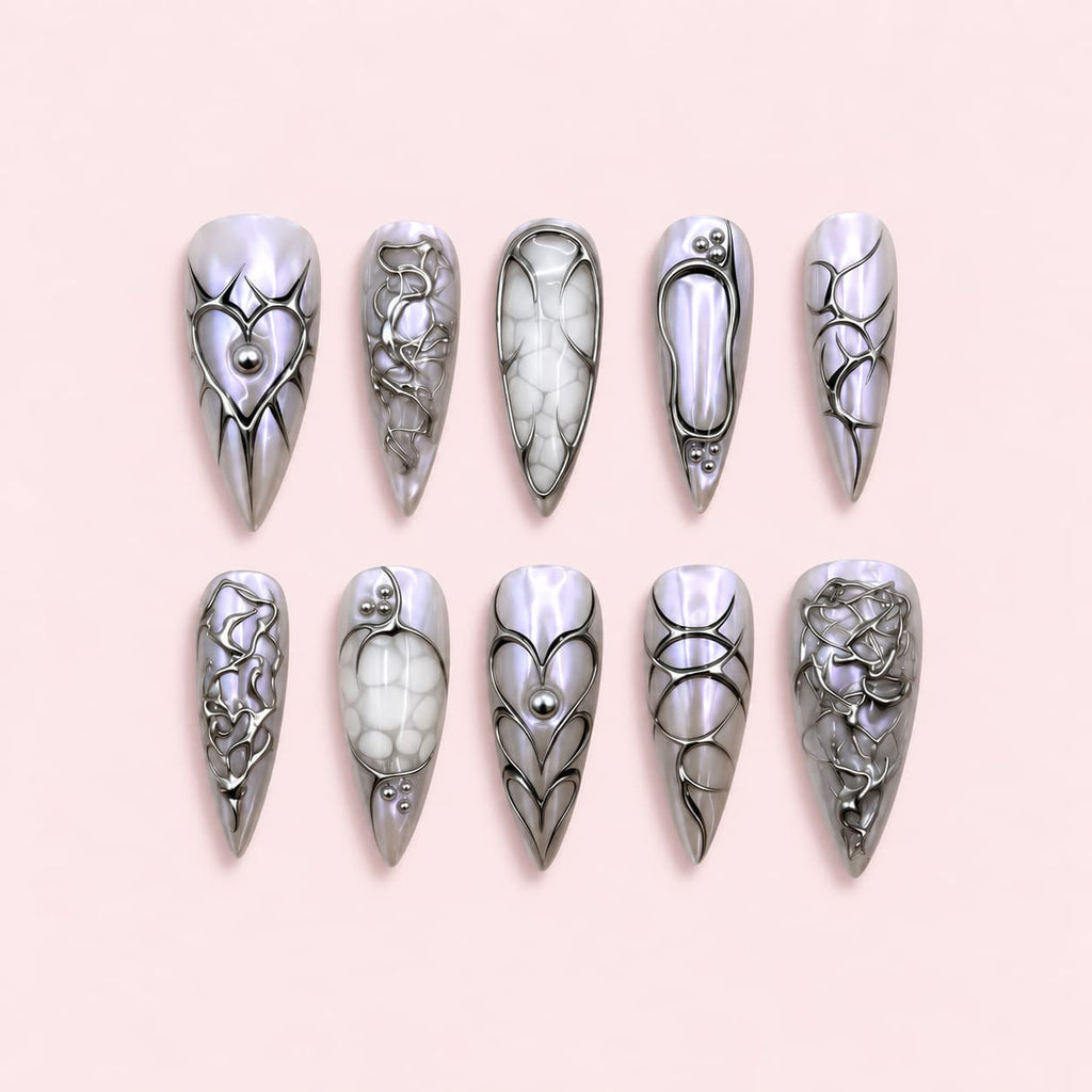 Chrome Heart Stiletto Press-On Nails - Silver Chrome