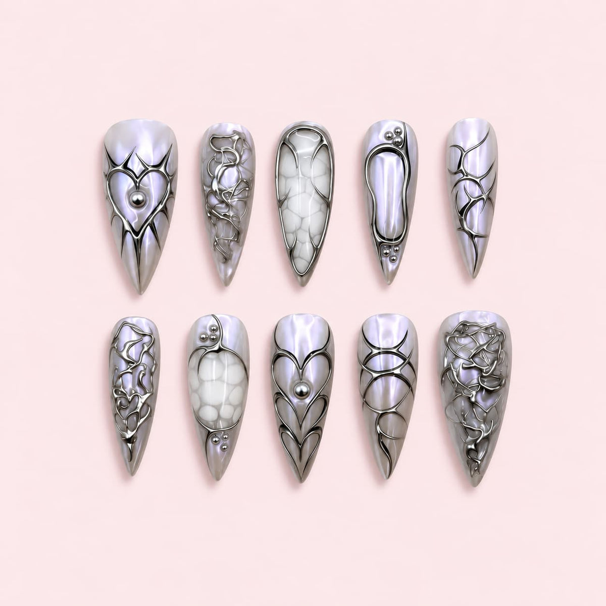 Chrome Heart Stiletto Press-On Nails - Silver Chrome