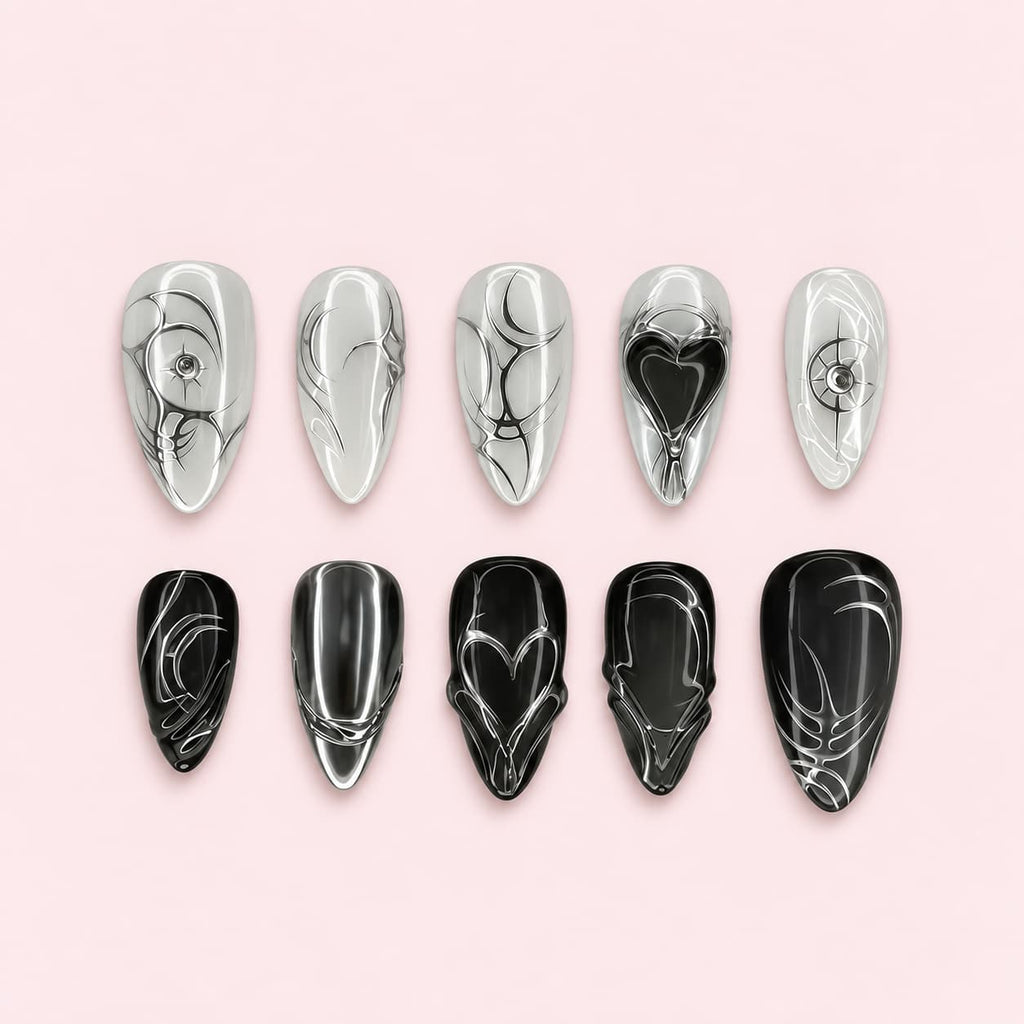 Chrome Ink Almond Press-On Nails — Mirror Silver