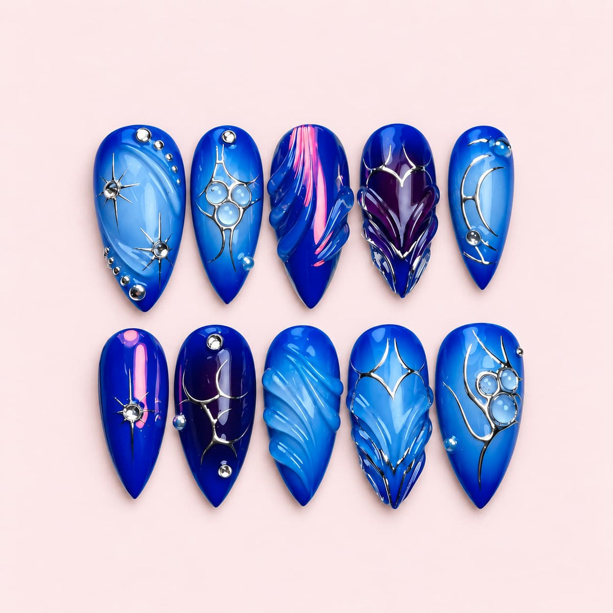 Cobalt Blue Silver Stiletto Press-On Nails
