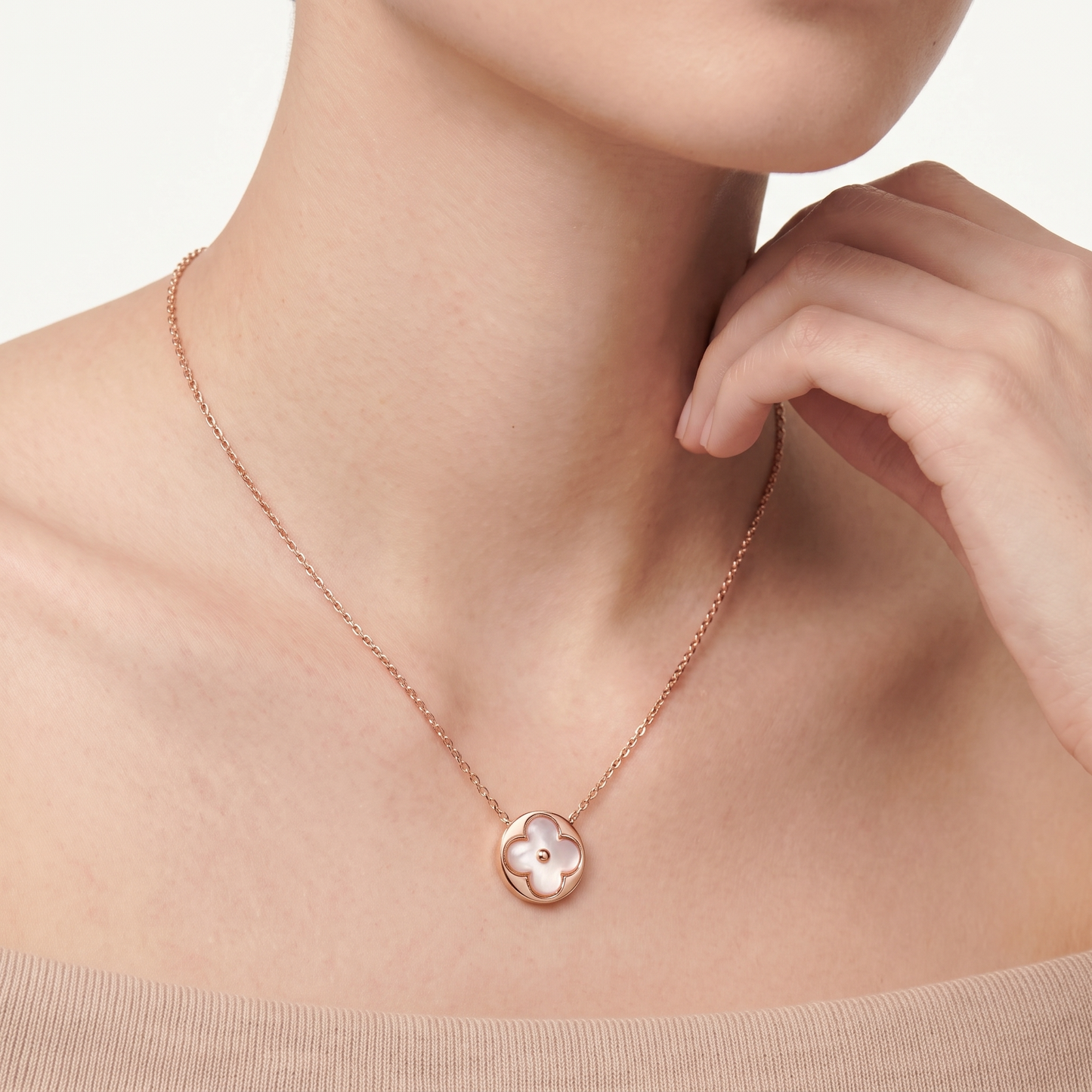 Rose Blossom Inlay Round Pendant Necklace